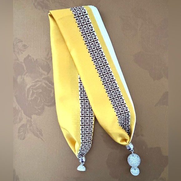 Satin Gold/White Scarf with Silver Crystal Rhinestone Necklace - Picture 7 of 11